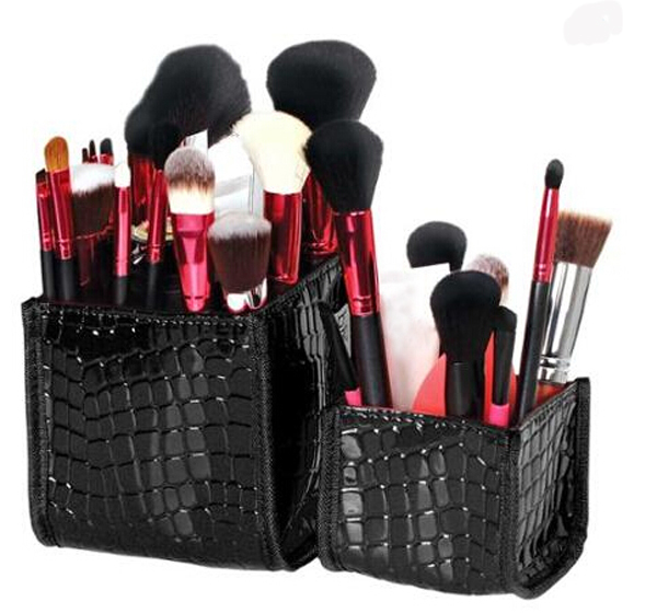 Black Faux Crocodile Skin Beauty Essential Cosmetic Brush Container